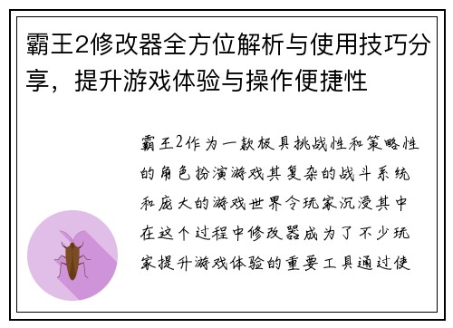 霸王2修改器全方位解析与使用技巧分享，提升游戏体验与操作便捷性