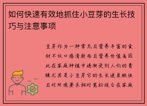 如何快速有效地抓住小豆芽的生长技巧与注意事项